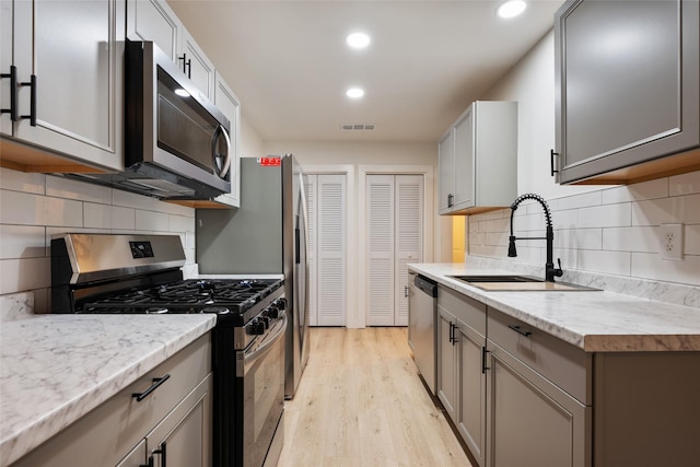 kitchen featuring stainless steel appliances, gray cabinetry, backsplash, light hardwood / wood-style flooring, and sink