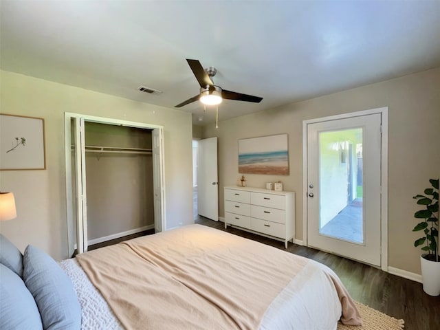 bedroom featuring ceiling fan, a closet, dark hardwood / wood-style floors, and access to outside