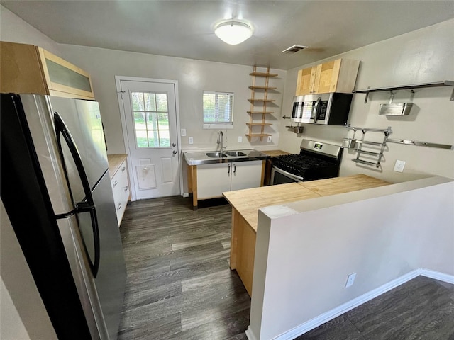 kitchen featuring sink, kitchen peninsula, dark hardwood / wood-style floors, and stainless steel appliances