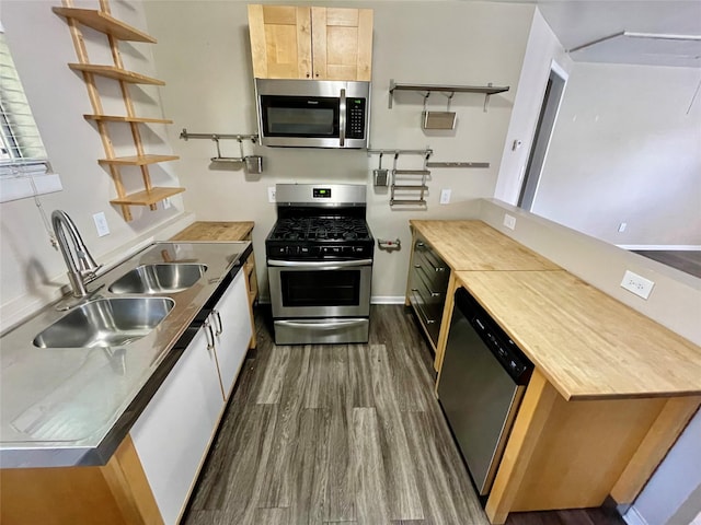 kitchen with appliances with stainless steel finishes, sink, and dark hardwood / wood-style flooring