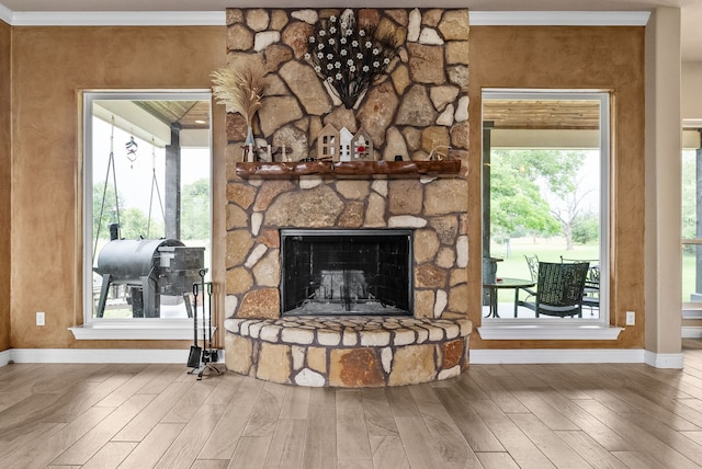 details featuring ornamental molding, wood-type flooring, and a stone fireplace