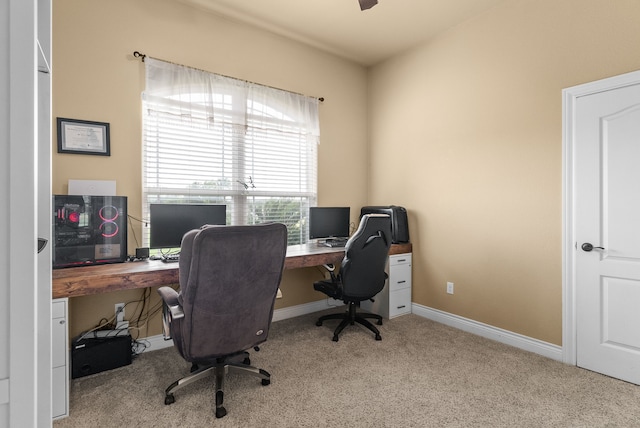 home office with light colored carpet