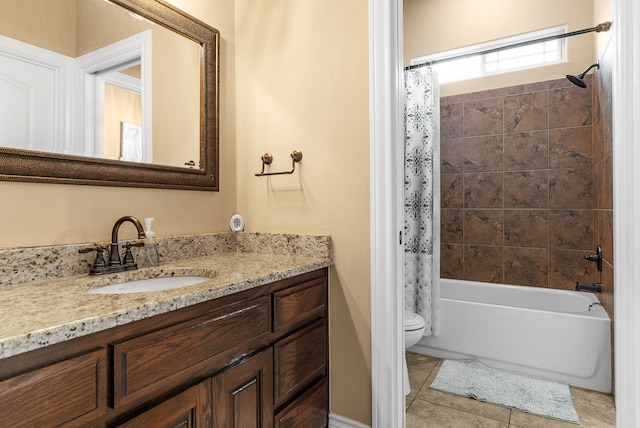 full bathroom featuring toilet, tile patterned floors, shower / bath combo, and vanity