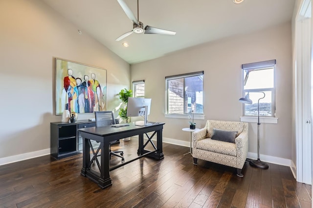 office with ceiling fan, dark hardwood / wood-style floors, and vaulted ceiling