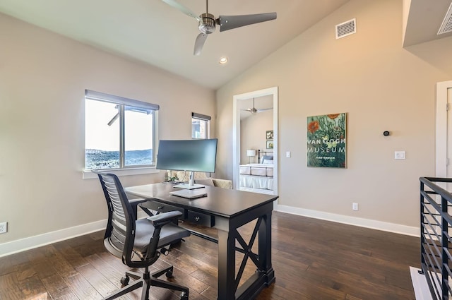 office area with lofted ceiling, ceiling fan, and dark hardwood / wood-style flooring