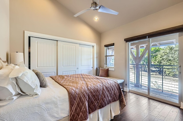 bedroom featuring ceiling fan, lofted ceiling, access to outside, a closet, and dark hardwood / wood-style flooring