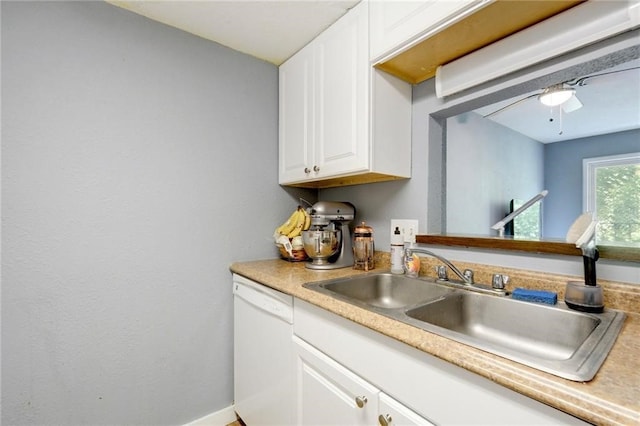 710 E Dean Keeton St Unit 210, Austin, TX 78705 - kitchen featuring dishwasher, white cabinets, a sink, light countertops, and a ceiling fan