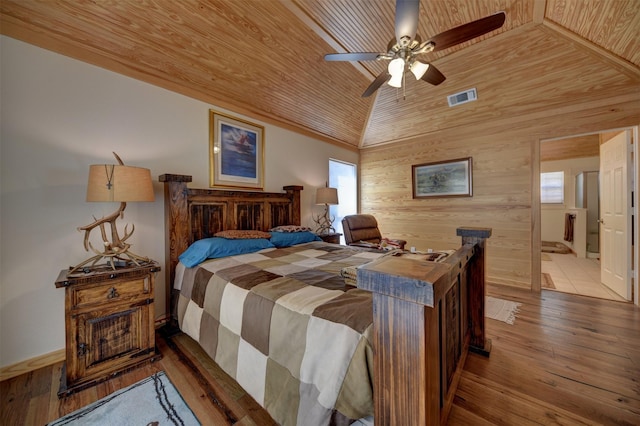 bedroom featuring hardwood / wood-style flooring, ceiling fan, wooden walls, vaulted ceiling, and wooden ceiling