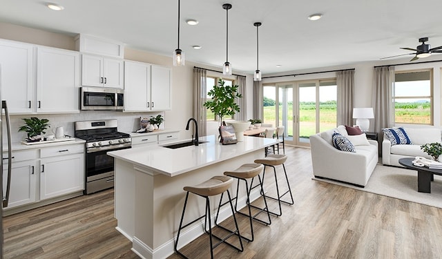 kitchen featuring white cabinetry, stainless steel appliances, sink, and a kitchen island with sink