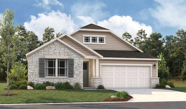 craftsman house featuring a garage and a front lawn