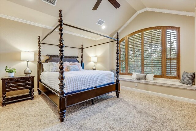 carpeted bedroom featuring multiple windows, crown molding, lofted ceiling, and ceiling fan