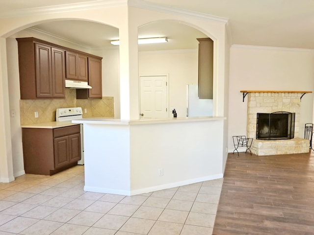 kitchen featuring crown molding, a fireplace, backsplash, and white appliances