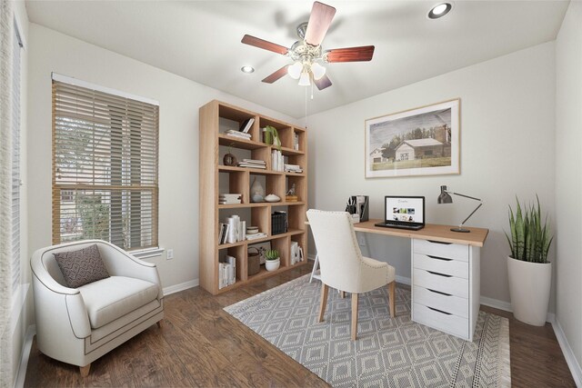 home office with ceiling fan and hardwood / wood-style floors