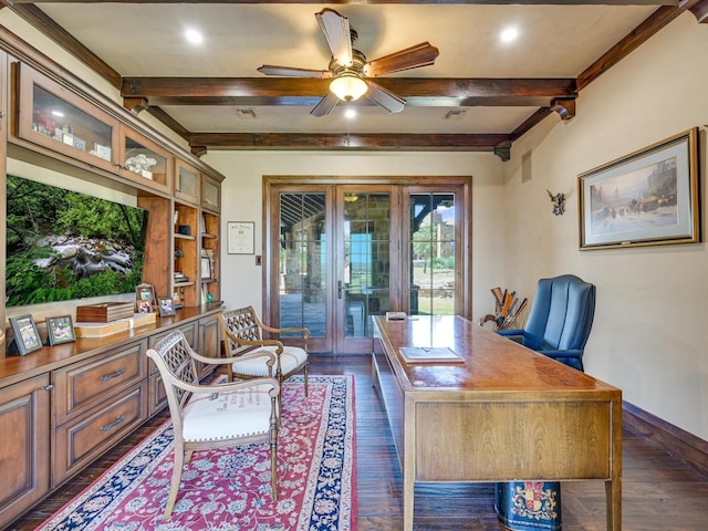 office area featuring ceiling fan, french doors, dark hardwood / wood-style floors, and beamed ceiling