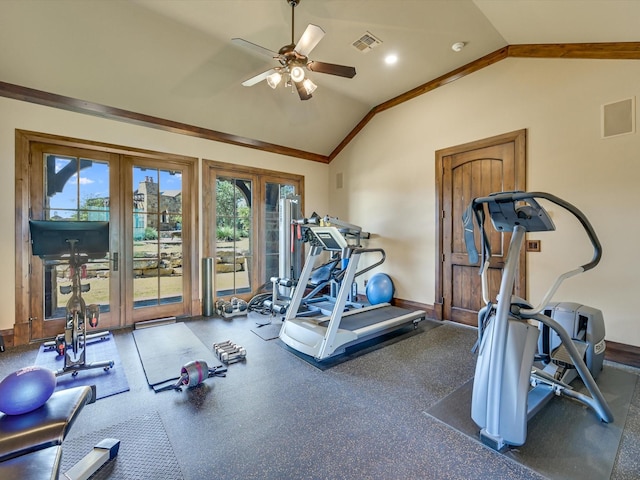 workout area with vaulted ceiling, ceiling fan, and french doors