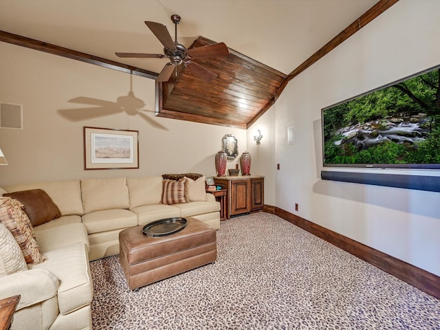 carpeted living room with ceiling fan, crown molding, and wooden ceiling