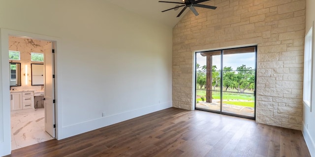 200 E Eldorado Ridge Dr, Fredericksburg, TX 78624 - unfurnished room featuring a ceiling fan, plenty of natural light, wood finished floors, high vaulted ceiling, and baseboards