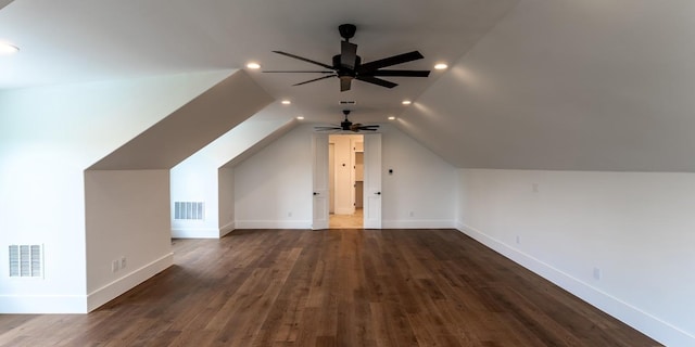 200 E Eldorado Ridge Dr, Fredericksburg, TX 78624 - bonus room with a ceiling fan, recessed lighting, vaulted ceiling, dark wood-style floors, and baseboards