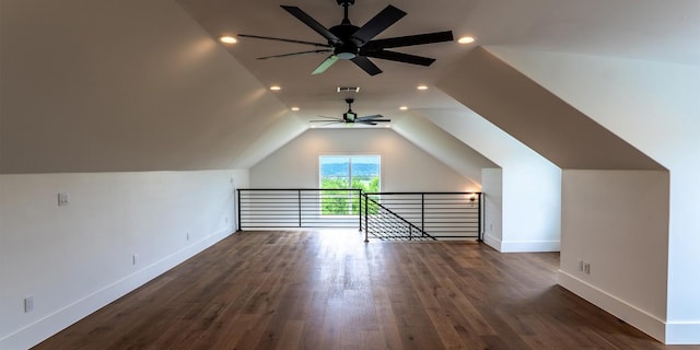 200 E Eldorado Ridge Dr, Fredericksburg, TX 78624 - bonus room featuring ceiling fan, baseboards, dark wood-type flooring, lofted ceiling, and recessed lighting