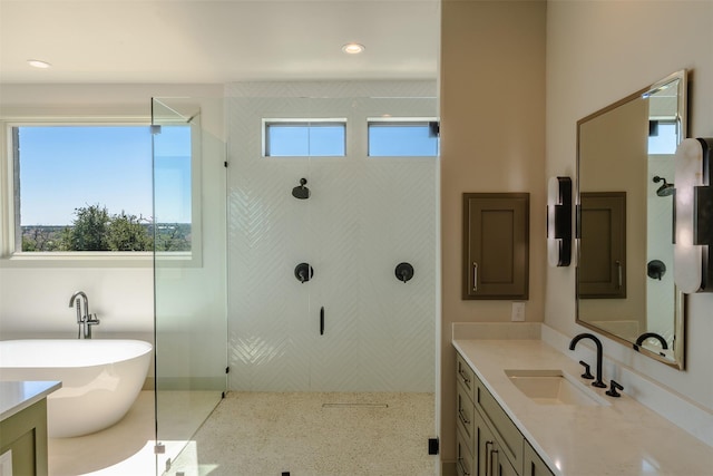 bathroom featuring vanity and plus walk in shower