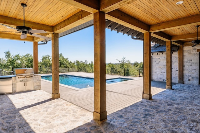 view of swimming pool featuring ceiling fan, area for grilling, and a patio