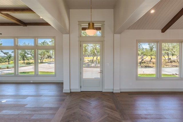 doorway with beam ceiling