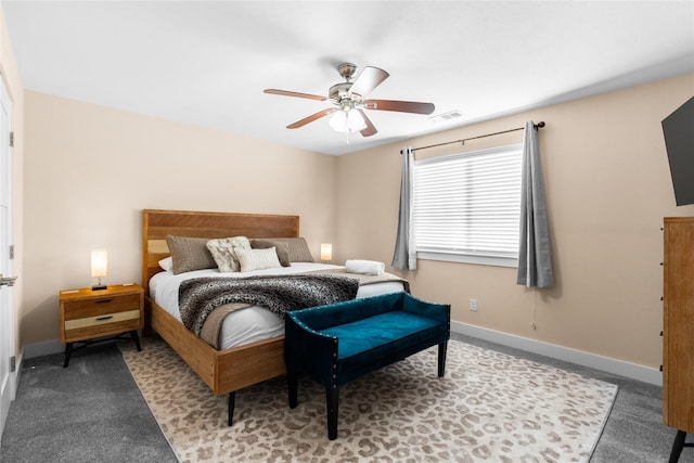 carpeted bedroom with ceiling fan