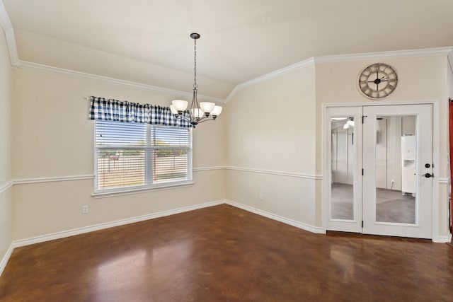 spare room featuring an inviting chandelier, ornamental molding, and lofted ceiling