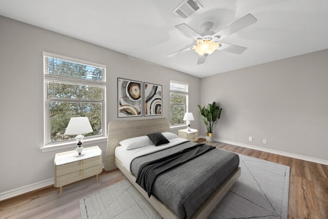 bedroom with hardwood / wood-style floors and ceiling fan