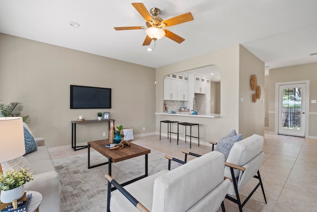 1735 Lake Blf, Canyon Lake, TX 78133 - living room featuring ceiling fan, light tile patterned flooring, and recessed lighting