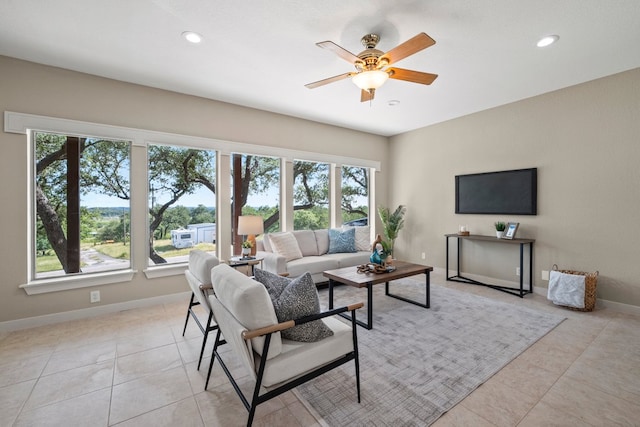 1735 Lake Blf, Canyon Lake, TX 78133 - living room featuring a ceiling fan, light tile patterned floors, and recessed lighting