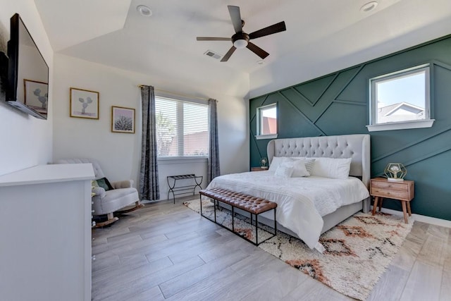 bedroom featuring ceiling fan and light wood-type flooring