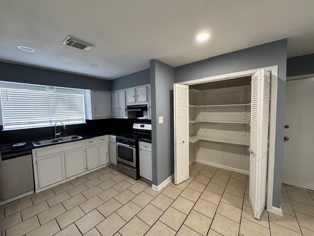 kitchen featuring sink, white cabinets, appliances with stainless steel finishes, and range hood