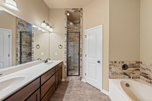 bathroom with shower with separate bathtub and vanity