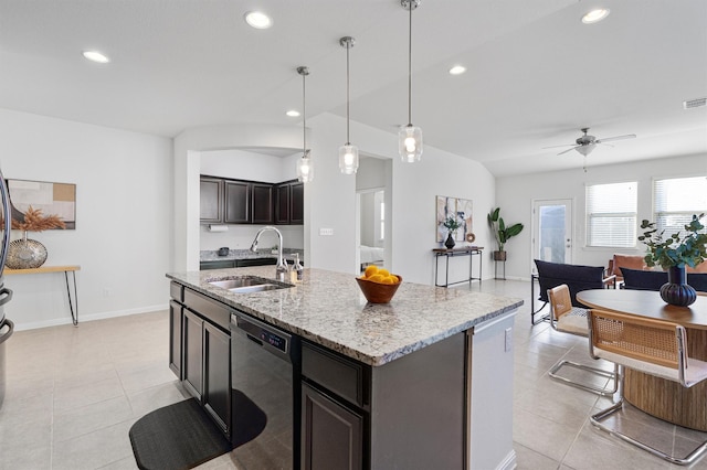 kitchen with ceiling fan, dishwasher, a center island with sink, sink, and hanging light fixtures