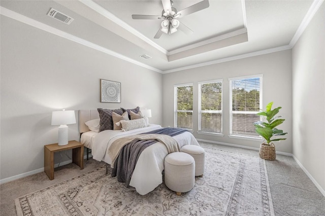 1207 Haley Ln, Salado, TX 76571 - carpeted bedroom featuring a raised ceiling, ornamental molding, and ceiling fan