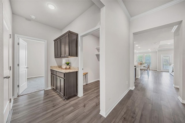 1207 Haley Ln, Salado, TX 76571 - hall featuring dark wood finished floors, crown molding, and recessed lighting