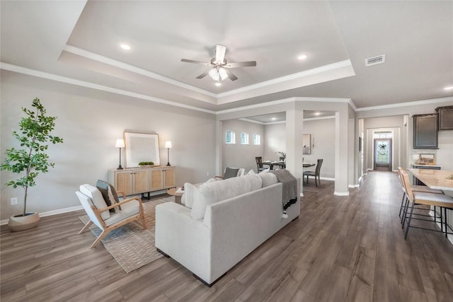 1207 Haley Ln, Salado, TX 76571 - living area featuring a raised ceiling, dark wood finished floors, a ceiling fan, crown molding, and recessed lighting