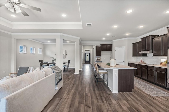1207 Haley Ln, Salado, TX 76571 - kitchen featuring under cabinet range hood, open floor plan, dark wood finished floors, a ceiling fan, and dark brown cabinetry