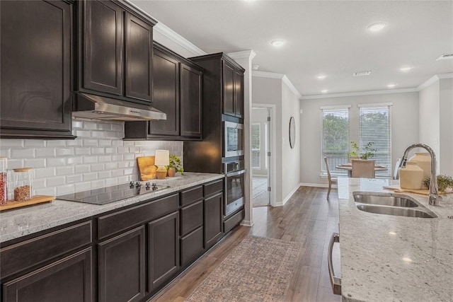 1207 Haley Ln, Salado, TX 76571 - kitchen featuring appliances with stainless steel finishes, under cabinet range hood, ornamental molding, decorative backsplash, and light stone countertops