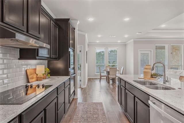 1207 Haley Ln, Salado, TX 76571 - kitchen with appliances with stainless steel finishes, under cabinet range hood, dark brown cabinets, ornamental molding, and backsplash