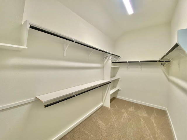 spacious closet with light colored carpet and lofted ceiling