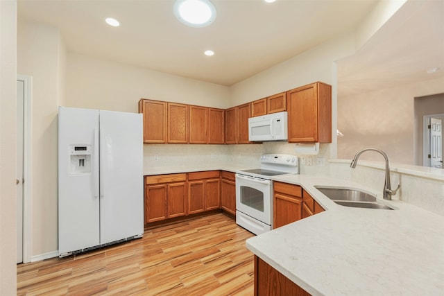 kitchen featuring tasteful backsplash, kitchen peninsula, sink, white appliances, and light wood-type flooring