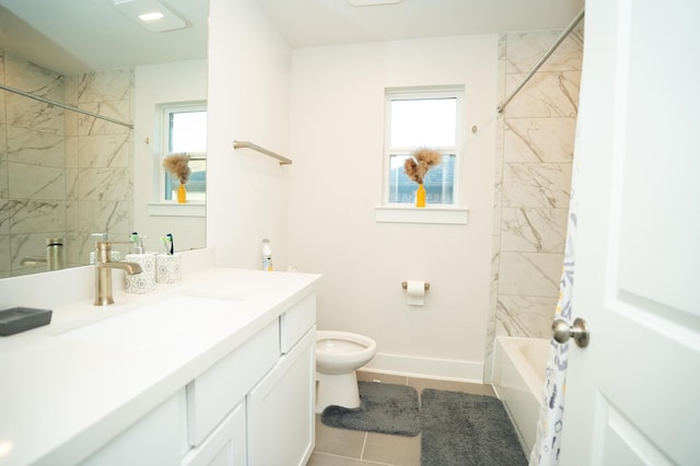 full bathroom with toilet, tiled shower / bath, plenty of natural light, and vanity