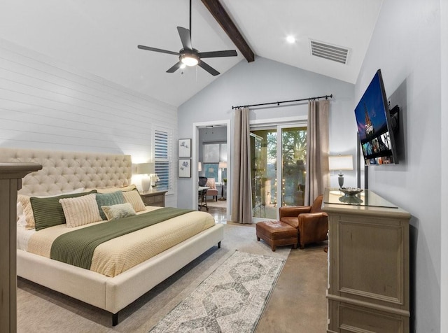 bedroom with ceiling fan, access to exterior, beam ceiling, and high vaulted ceiling