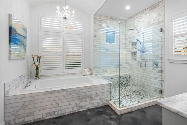 bathroom featuring vanity, plenty of natural light, independent shower and bath, and a chandelier