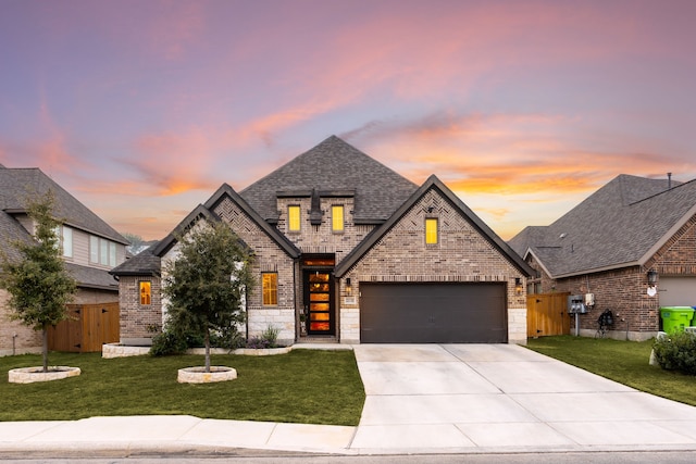 view of front of property featuring a garage and a lawn