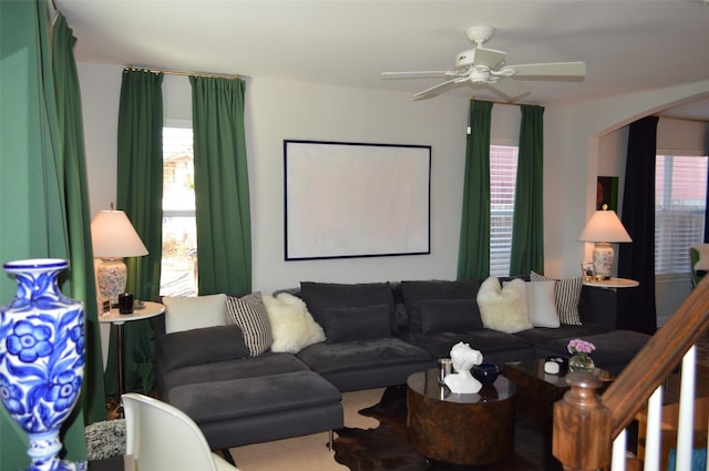 living room with ceiling fan