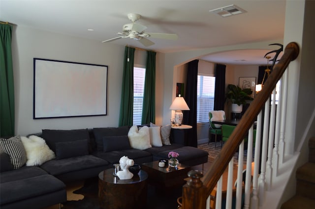 living room with ceiling fan