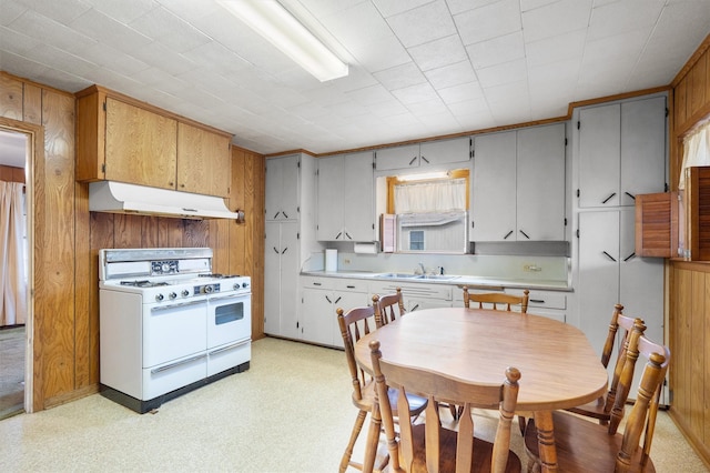 kitchen with wood walls, sink, and range with two ovens